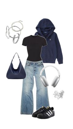 a woman in black shirt and blue jeans with headphones on her ears, purse and shoes