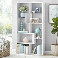 a living room with a book shelf filled with books next to a potted plant