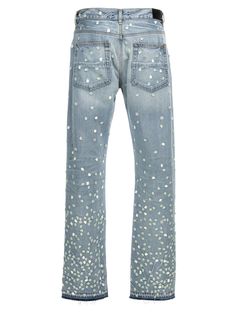 'Floral' cotton denim jeans with all-over floral embroidery, button closure, five pockets, leather logo tag. Composition: 100% cotton Designer Cotton Jeans, Luxury Cotton Jeans, Designer Denim Blue Cotton Bottoms, Designer Spring Jeans With Five Pockets, Designer Jeans With Five Pockets For Spring, Luxury Cotton Jeans With Five Pockets, Spring Rigid Denim Pants With Five Pockets, Spring Rigid Denim Jeans, Spring Five-pocket Rigid Denim Pants