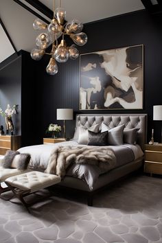 a bedroom with black walls and white bedding has a large painting on the wall