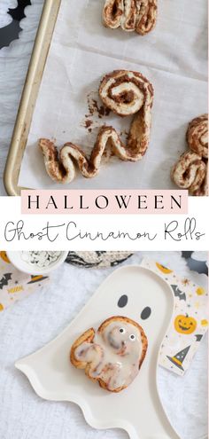 halloween ghost cinnamon rolls on a baking sheet with text overlay that reads, halloween ghost cinnamon rolls