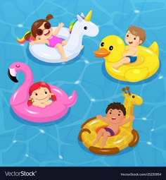 children swimming in the pool with floats and toys