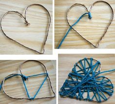 four pictures of different shapes and sizes of string wrapped heart shaped ornaments on a wooden table