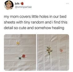 two pictures of the same bedding with flowers on them and an image of a woman's face