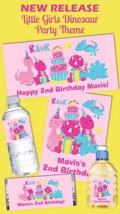 a pink and blue birthday party theme with water bottle labels