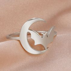 Gothic Moon Bat Ring Witch Halloween Accessories-MoonChildWorld Halloween Silver Open Ring, Silver Moon-shaped Halloween Jewelry, Halloween Stainless Steel Ring Jewelry, Gothic Jewelry Rings, Dark Rock, Bat Ring, Perfume Making, Male Cosplay, Rock Punk