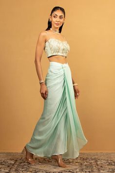 Ice blue blouse with gota work embroidery. Paired with draped dhoti skirt and cape. - Aza Fashions Elegant Pre-draped Saree With Tilla For Diwali, Fitted Pista Green Sets In Traditional Drape, Fitted Pista Green Sets With Traditional Drape, Elegant Pista Green Choli With Traditional Drape, Elegant Pista Green Traditional Drape Choli, Fitted Pista Green Traditional Drape Sets, Traditional Draped Fitted Sharara, Navratri Draped Sets With Cutdana, Navratri Draped Cutdana Sets