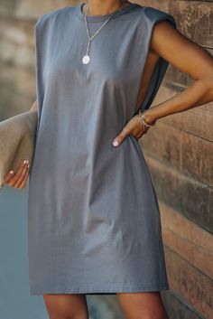 Gray Padded Shoulder Sleeveless Cotton Pocketed Mini Dress Gray Sleeveless Midi Dress For Summer, Gray Sleeveless Spring Dress, Sleeveless Shift Midi Dress For Day Out, Gray Sleeveless Sundress, Sleeveless Shift Midi Dress In Solid Color, Sleeveless Dresses Casual, China Dress, Mini Dresses For Women, Young Fashion