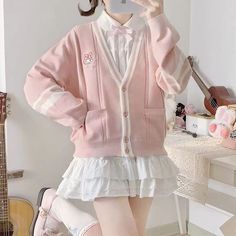 Korean Fashion Cropped Knitted Cardigan Women Kawaii Aesthetic Pink Sweater Harajuku Long Sleeve Cinnamoroll Y2k, Hello Kitty Cardigan, Pompom Purin, Knitted Jackets Women, Kuromi Plush, Kawaii Sweater, Sanrio Plush, Cinnamoroll Kuromi, Melody Cinnamoroll