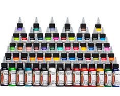 an assortment of different colored inks in bottles on a white background with the colors shown below them