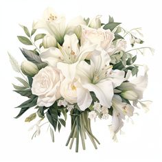 a bouquet of white flowers and greenery on a white background with clippings