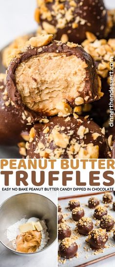 chocolate peanut butter truffles are stacked on top of each other