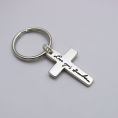 "Silver Cross Pendant Keychain Personalized With Your Actual Handwriting - This silver cross keychain is completely personalized with YOUR handwriting and is the newest member of my Love Notes Collection! This design is made with sterling silver and includes 1 handwriting cross keychain. The cross in the photos measures approximately 1-1/4\" and your keychain will include a 7/8\" steel split key ring. The space for the handwriting is quite small, so please keep this in mind when choosing your wr Personalized Silver Keychain For Personal Use, Personalized Silver Keychain, Fingerprint Keychain, Cross Keychain, Memorial Keychain, Signatures Handwriting, Engraved Handwriting, Pendant Keychain, Silver Keychain