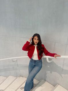 Red jacket with jeans elegant outfit Red Jacket And Jeans Outfit, Red Cropped Jacket Outfit, Red Jacket Outfit Casual, Red Ootd Aesthetic, Red Jean Jacket Outfit, Red Corduroy Jacket Outfit, Red Top Outfit Winter, Red Jacket Outfit Aesthetic, Red Denim Jacket Outfit