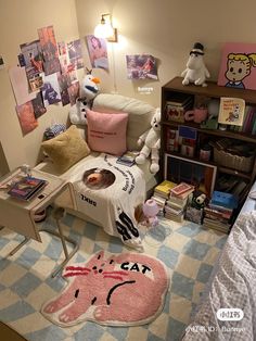 a child's bedroom is decorated in pink and white