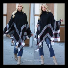 Solid And Plaid Mixed Print Turtleneck Poncho. This Soft Knit Poncho Falls Into A Beautiful Asymmetrical Look With Fringe Detailing At The Bottom. Fabric: 100% Acrylic Black Batwing Sleeve Poncho For Fall, Black Poncho For Cold Weather In Fall, One Size Black Poncho For Cold Weather, Chic Black Poncho For Layering, Black Winter Poncho For Layering, Chic One Size Black Poncho, Chic Black One-size Poncho, Cape Sweater Ponchos, White Poncho