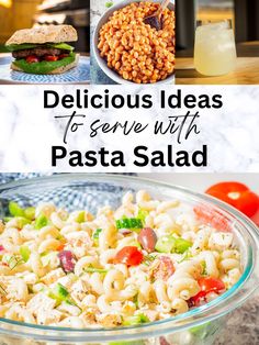 pasta salad in a glass bowl with text overlay