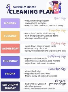 the weekly cleaning plan is shown in purple and blue, with text that says it's important to clean your home