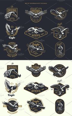 an image of the emblems for different types of logos and designs, all in gold and