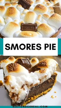 a slice of s'mores pie on a plate with the title above it