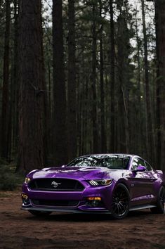 a purple car parked in the middle of a forest