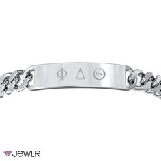 Show off your Greek-life spirit with this classic engravable ID bracelet. Handcrafted in stainless steel, this 8.5" men's bracelet features a curb-link chain secured with a lobster clasp for just the right fit. Classic Stainless Steel Bracelet With Curb Chain, Classic Stainless Steel Curb Chain Bracelet, Classic Stainless Steel Cuban Link Bracelet, Classic Cuban Link Stainless Steel Bracelet, Classic Personalized Stainless Steel Chain Bracelet, Classic Stainless Steel Curb Chain Jewelry, Classic Stainless Steel Chain Bracelet With Polished Finish, Anniversary Jewelry With Stainless Steel Clasp, Classic Adjustable Cuban Link Bracelet In Stainless Steel