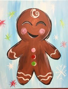 a painting of a gingerbread man on a blue background with snowflakes and stars