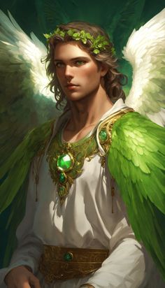 an angel with green wings is standing in front of a dark background and has his hands on his hips