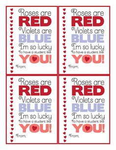 four red and blue valentine's day cards with the words roses are red, violets are blue, i'm so lucky to have a teacher like