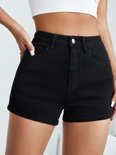 Black    Denim Plain Straight Leg Embellished High Stretch  Women Denim Women Denim Shorts, Short Pants Outfit, Denim Shorts Outfit, Short Noir, Denim Skirt Outfits, Black Jean Shorts, Short Jeans, Denim Shorts Women, Shorts Jeans