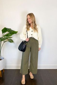 Outfit with a cream, rib-knit cardigan, green wide leg pants, and mary jane shoes. Michelle Tomczak Blog. Wide Olive Pants Outfit, Green Wide Leg Pants Outfit Casual, Green Wide Leg Pants Outfit Fall, Wide Leg Pants And Cardigan Outfit, Green Pant Winter Outfit, Cardigan With Wide Leg Pants, Wide Green Pants Outfit, Olive And Cream Outfit, Olive Pants Outfit Winter