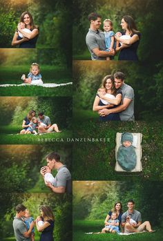 a collage of photos shows a man and woman holding a baby in their arms