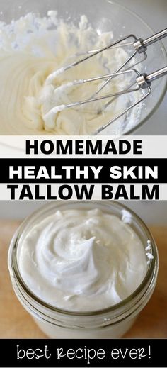 Collage of bowlful of whipped tallow balm at top and jarful of tallow balm at bottom. Homemade Tallow, Make Tallow, Tallow Face Cream, Tallow Balm, Balm Recipe, Working Hands, Beef Tallow, Skin Balm, Small Mason Jars