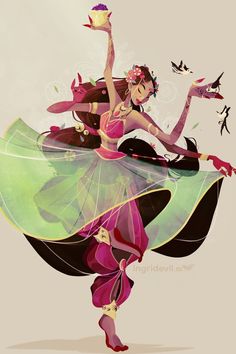 a woman in a green and pink dress dancing with birds flying around her head,