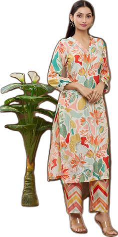 V Neck Kurta, Luxury Sale, Kurta With Pants, Chevron Print, Pant Set, Printed Pants, Tropical Print, Set For Women, Festival Wear