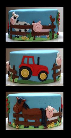 two pictures of a cake with farm animals on it and a tractor in the middle