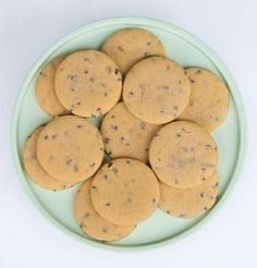 chocolate chip cookies on a green plate