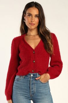 Winter weather pairs perfectly with the Lulus Cozy Touch Wine Red Eyelash Knit Button-Up Cardigan Sweater! Soft and fuzzy eyelash ribbed knit shapes this cardigan that has a V-neckline and long balloon sleeves with slightly puffy shoulders. The boxy bodice has a functional button placket down the center. Fit: This garment fits true to size. Length: Size medium measures 19" from shoulder to hem. Bust: Great for any cup size. Waist: Fitted - stretchy fabric allows custom fit. Undergarments: May be Red Sweater Outfit, Beige Turtleneck, Lulu Fashion, Button Front Cardigan, Red Cardigan, Cardigan Outfits, Winter Weather, Cropped Cardigan, Cup Size