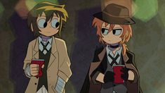 two anime characters standing next to each other holding coffee cups and looking at the camera