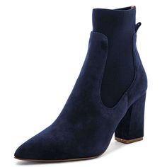 Step out in style with these suede navy blue boots. Featuring chunky heels and a classic Chelsea boot design, they are perfect for adding a touch of sophistication to any outfit. Handcrafted US sizing. Fits true to size. Heel Height: 3" / 80 mm approx Product measurements were taken using size 8. Please note that measurements may vary by size. Ankle Boots For Work, Boots For Work, Navy Blue Boots, Navy Boots, Expensive Shoes, Chunky Heel Ankle Boots, Shoe Wardrobe, Boots Chunky, Custom Boots