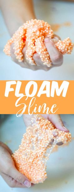 two hands are holding some kind of orange substance with the words floam glime on it