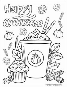 an autumn coloring page with cupcakes and leaves on the side, happy autumn