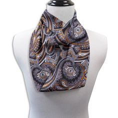 Large looping paisleys of copper and silver flow on and on in this stunning pattern on black Italian silk twill. Every tie will be unique.Handcrafted in Middlebury, Vermont.No woman's wardrobe is complete without at least one of our infinity scarves. Even women who think they just can't wear a scarf look great – and no knots required! Each scarf is double-sided with a 58 inch circumference and is 6 inches wide. If you've always wanted a silk scarf, the Salerno is a great choice! Formal Silk Scarf With Paisley Print, Formal Paisley Print Silk Scarf, Formal Satin Scarves, Elegant Silk Scarves With Paisley Print, Elegant Silk Scarf With Paisley Print, Elegant Patterned Silk Scarves, Elegant Patterned Silk Scarf With Paisley Print, Elegant Brown Silk Scarf For Formal Occasions, Middlebury Vermont