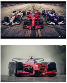 three different pictures of racing cars on the same track, one is red and one is white