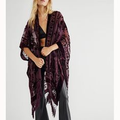 Gorgeous Purple Velvet Kimono, Semi Sheer, Burn Out, Roses, Flowers, Fringed, Cover, Jacket Purple Velvet Kimono Floral Design, Semi Sheer With Velvet, Beautiful Fringe Kimono Has A Velvet Floral Print Design And Fringe Hem Armholes Side Slits Open Front One Size, New Without Tags Measurements: Width 36" Length 35" Fringe Is An Additional 6" Devore Fabric, Gilet Kimono, Wine Colour, Kimono Floral, Bohemian Kimono, Velvet Kimono, Fringe Kimono, Sheer Kimono, Boho Festival Fashion