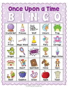 the once upon a time bingo game is shown in purple and white, with images of cartoon characters