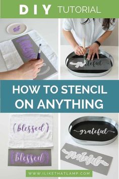 how to stencil on anything with the words diy in purple and green