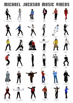 the michael jackson music videos poster is shown in various colors and sizes, including one man with