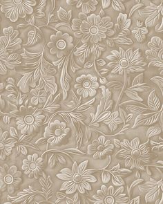 an intricately designed wallpaper with white flowers and leaves on the side, in neutral tones