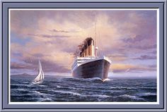 a painting of a ship in the ocean with two sailboats on it's side